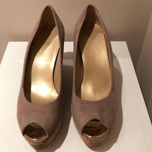 Stuart Weitzman Tan Suede Open Toe Platforms